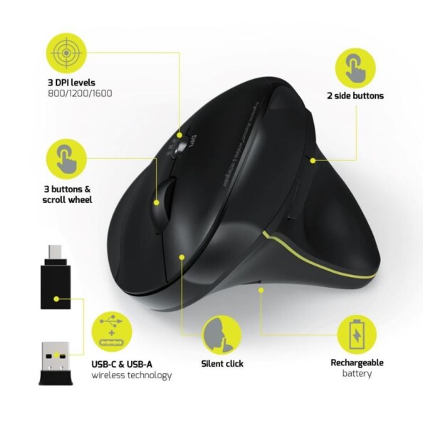 Ergonomische vertikale 2,4-GHz-Akkumaus mit Bluetooth-Funktion