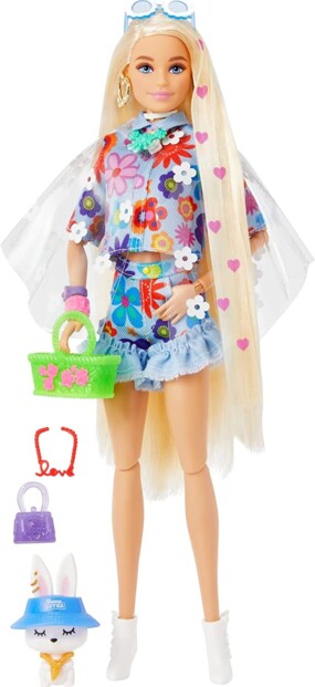 Barbie Extra Puppe mit Blumenkleid und Häschen