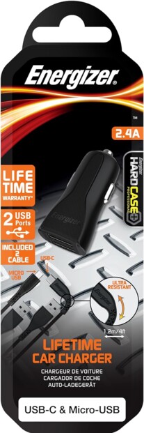 Dual-USB-Kfz-Ladegerät 2,4 A mit USB-A auf Micro-USB/USB-C-Kabel