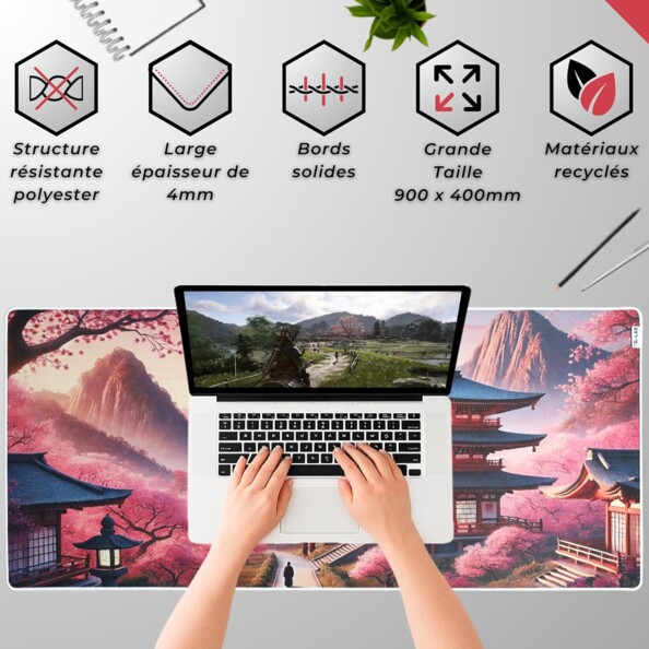XXL-Gaming-Mauspad 900 x 400 mm mit vernähten Kanten – Tempel